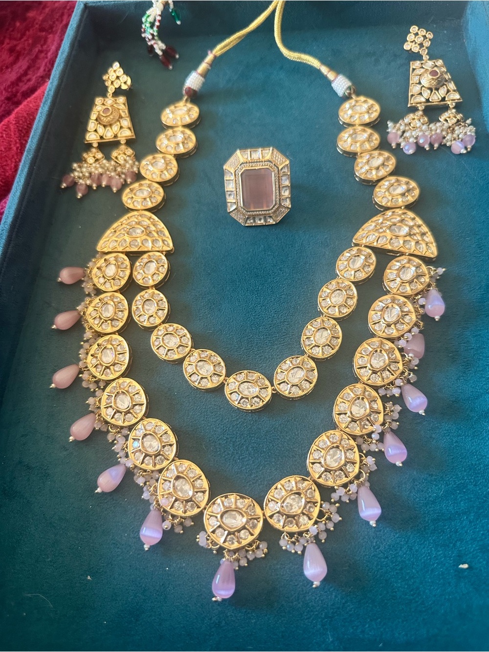 Gold and Lavender Kundan Necklace Set with Earrings and Ring - bridal